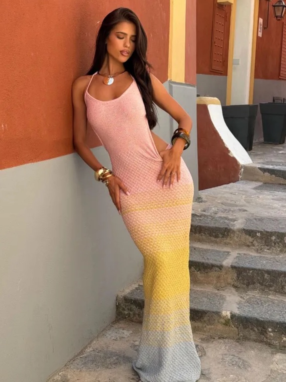 Sleeveless Ombre Knit Maxi Dress - Pink to Yellow